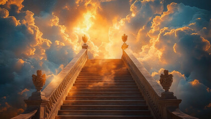 Obraz premium A monumental stone staircase leads into a radiant sky, ideal for spiritual themes, elevating concepts, weddings, or events celebrating new beginnings and aspirations.
