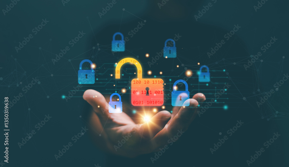 Poster cyber ​​security concept. businessman's hand holding padlock icon to protect personal data from atta