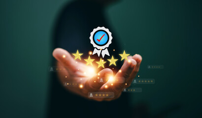 Certification and standardization quality concept, Businessman holding certification symbol with...