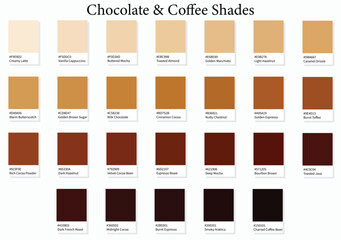 Color Swatches 26 Chocolate and Coffee Shades - 3d Light Faded Browns to Dark Deep Tones - with HEX Codes and Names, Colour Palette, Scheme and Combinations