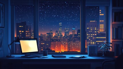 Night city view from home office desk, stars, cityscape, work, relaxation