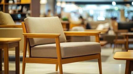 Showroom armchair, wooden frame, fabric cushion, blurred background, furniture display