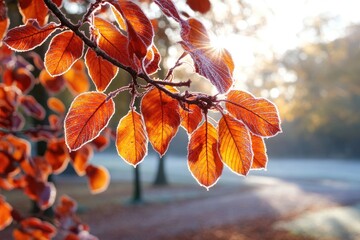 Autumn leaves frosted, park sunrise, glowing