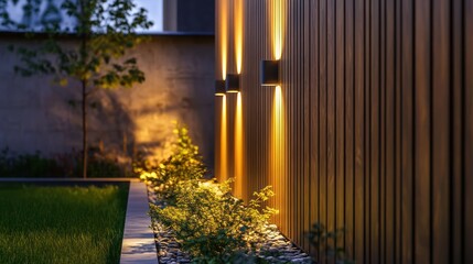Evening garden wall lights illuminate landscaping