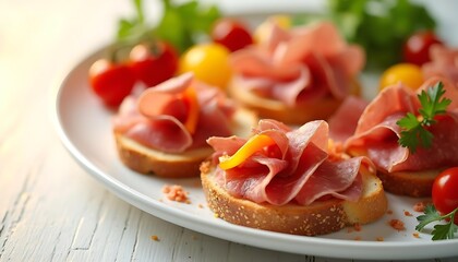 toasted bread topped with ham, tomato slices, basil, and a savory sauce, arranged on a white marble serving board.
