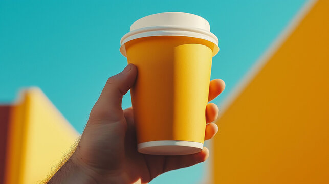 Una mano sosteniendo un vaso de caf&eacute; de papel amarillo, un primer plano de la mitad superior del brazo y el hombro