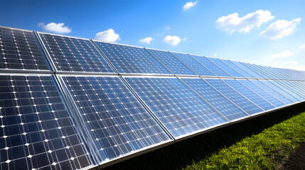 Photovoltaic solar power panel on sky background,green clean alternative energy concept.