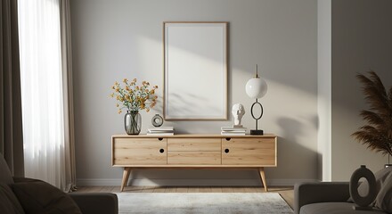 Elegant and cozy living room interior with a wooden console, mockup poster frame, fresh flowers, and stylish decor. Perfect home inspiration and modern design template.