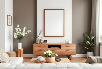Elegant and cozy living room interior with a wooden console, mockup poster frame, fresh flowers, and stylish decor. Perfect home inspiration and modern design template.