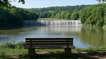 Obraz premium Serene dam view, bench, tranquil landscape, summer day, relaxation