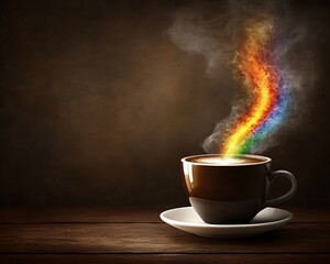 Rainbow steam rising from coffee cup on wood.