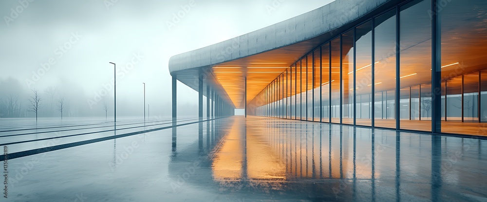 Poster modern concrete building in fog