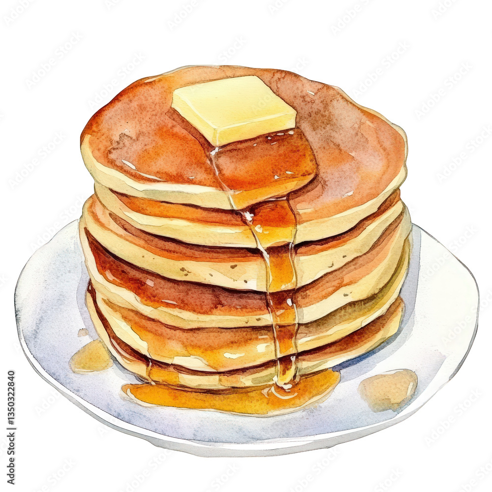 Poster a stack of fluffy pancakes topped with a pat of butter and drizzled with syrup presented on a white 