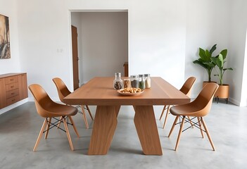 Modern dining room with a wooden family table, stylish chairs, and elegant decor. A minimalist interior with a concrete floor and white wall—perfect for home inspiration.