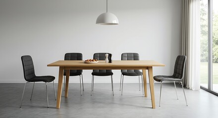 Modern dining room with a wooden family table, stylish chairs, and elegant decor. A minimalist interior with a concrete floor and white wall—perfect for home inspiration.
