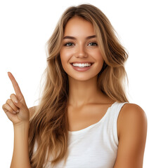 Beautiful blonde woman smiling and pointing up, transparent background (PNG)