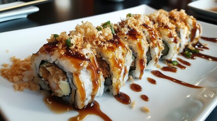 Delicious sushi rolls drizzled with sweet sauce served on a white plate