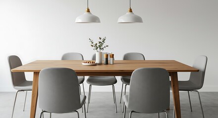 Modern dining room with a wooden family table, stylish chairs, and elegant decor. A minimalist interior with a concrete floor and white wall—perfect for home inspiration.