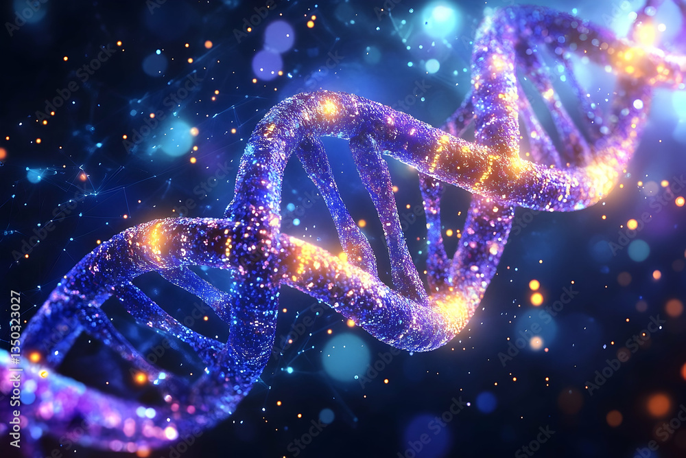 Aufkleber abstract dna molecule structure with glowing particles on dark background