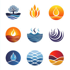 Fototapeta premium Elemental Icons Logo Design: Vibrant Water, Fire, and Earth Symbols in Modern Graphic Art