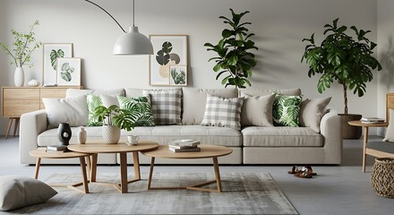 Modern open-space living room with a modular sofa, wooden coffee tables, tropical plants, and elegant decor. A perfect blend of comfort and contemporary home design.
