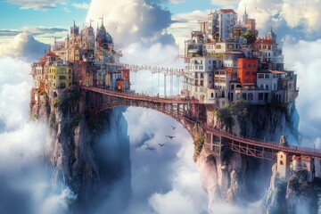 Fototapeta premium Skybridge between colorful cliffside villages in a cloudy realm