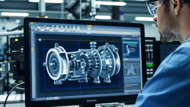 An experienced engineer analyzes a complex turbocharger design on a highresolution monitor, highlighting the intersection of modern technology and mechanical engineering principles