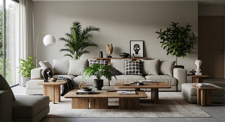 Modern open-space living room with a modular sofa, wooden coffee tables, tropical plants, and elegant decor. A perfect blend of contemporary style and cozy home design.