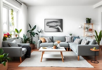 Modern Scandinavian living room with a grey sofa, armchair, lush green plants, coffee table, and cozy decor. A perfect blend of comfort and contemporary style.