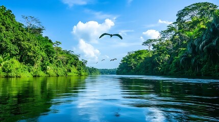 Lush river flowing through a dense rainforest canopy. Birds soar above, reflecting on the calm water