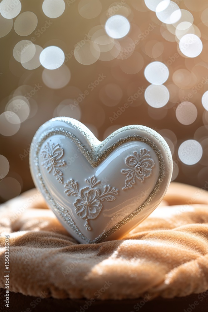Poster decorative heart-shaped box with floral designs shines in soft light against a bokeh background duri