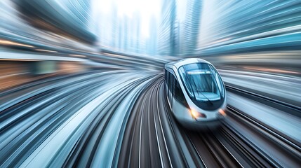 Fototapeta premium High-speed train speeding through city.