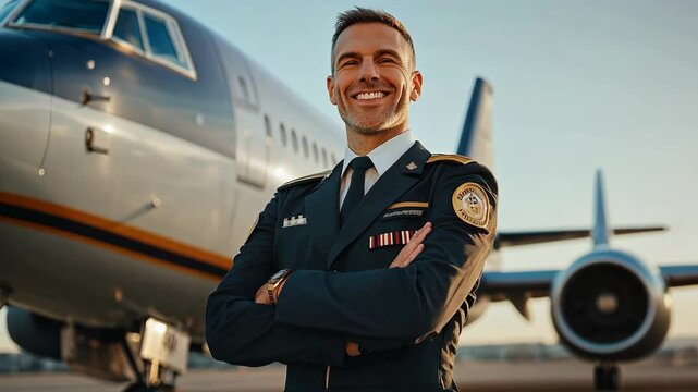 Experienced pilot stands confidently in uniform next to a commercial aircraft at sunset on the tarmac