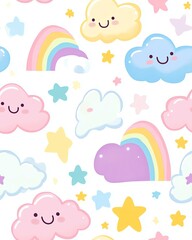 A playful pattern featuring smiling clouds and colorful rainbows.