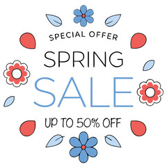 Illustration with lettering spring offers, vintage style, with stylized flowers, white background. For flyers, advertising, covers, posts, promotions.