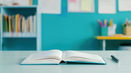 Fototapeta premium Open book and pen on teacher's desk in classroom setting