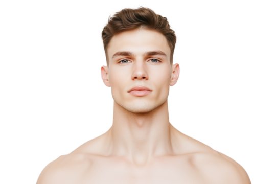 Serious young white man with athletic build, isolated on white background