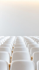 Fototapeta premium Modern auditorium interior with rows of white seats in vertical composition