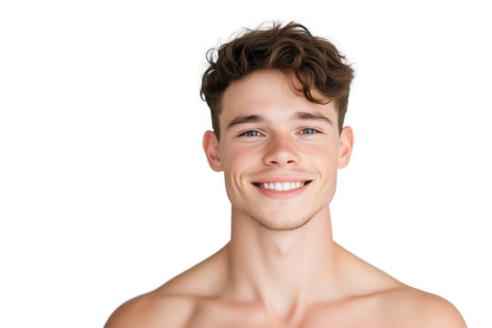 Smiling young Caucasian man with wavy hair, isolated portrait