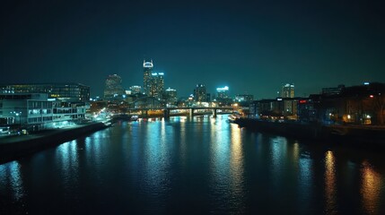 Night city river reflection cityscape, urban bridge, lights, tourism