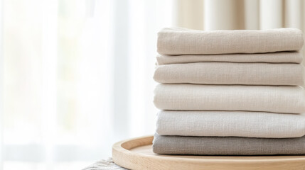 Cozy home living with neatly folded linen napkins on tray