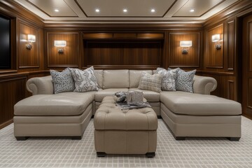 Luxurious sectional sofa and ottoman in a wood-paneled room.