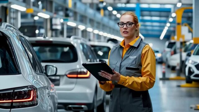 A quality control professional in an automotive production line is scrutinizing vehicle components using a tablet, highlighting the integration of technology in mechanical engineering.