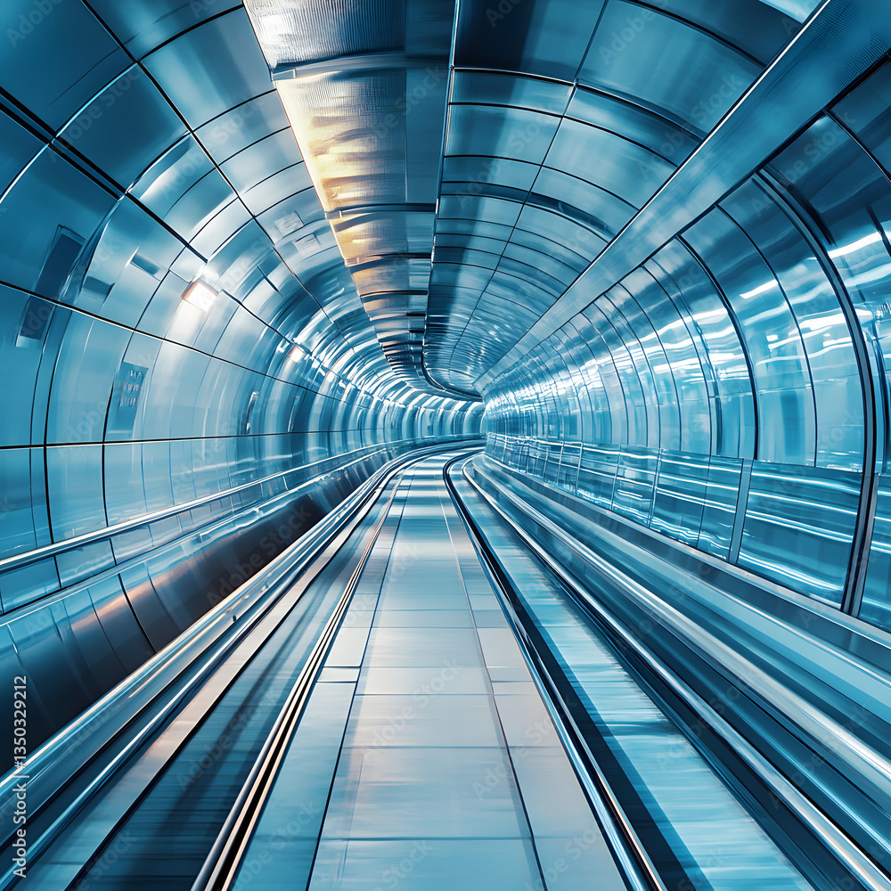 Poster an empty, illuminated walkway tunnel with a futuristic design. the tunnel is made of shiny metal, wi