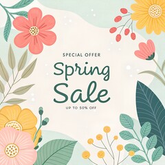 Cute calligraphic lettering of spring sale with colorful floral frame. Perfect for sale, poster, print etc.