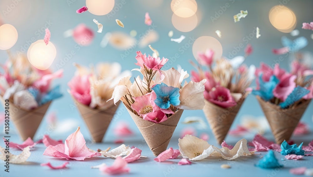 Poster colorful paper flowers in cones create a whimsical display with soft bokeh background