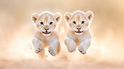 Obraz premium Two playful, young lions leap through the air, their faces illuminated by the golden light of dawn. A captivating image of youthful energy and freedom