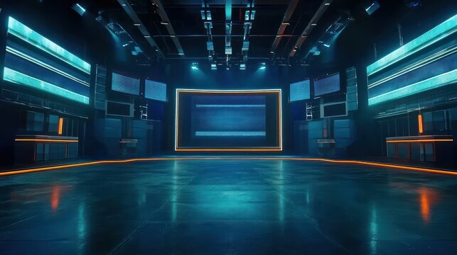 Futuristic studio set, neon lighting, empty stage, broadcast backdrop, virtual production