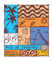 Freehand and stylized drawing of landmarks in the city of Rio de Janeiro, Brazil. Hand-drawn art in artistic lines.