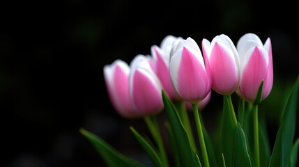 Delicate pink and white tulips in close-up